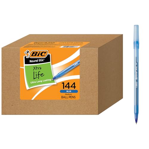 BIC Round Stic Xtra Life Blue Ballpoint Pens, Medium Point (1.0mm), 144-Count Pack of Bulk Pens,...
