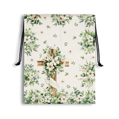 Image of Wooden Cross Drawstring Storage Pouch Cloth Shoe Bags for Party