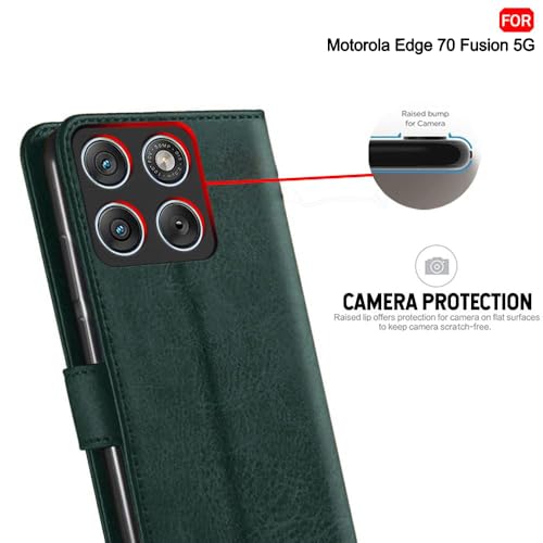 Image of TheGiftKart Flip Cover Back Case for Motorola Moto Edge 70 Fusion 5G | Genuine Leather Finish | Designer Button | Inbuilt Pockets & Stand | Wallet Style Flip Back Cover Case (Faux Leather, Green)