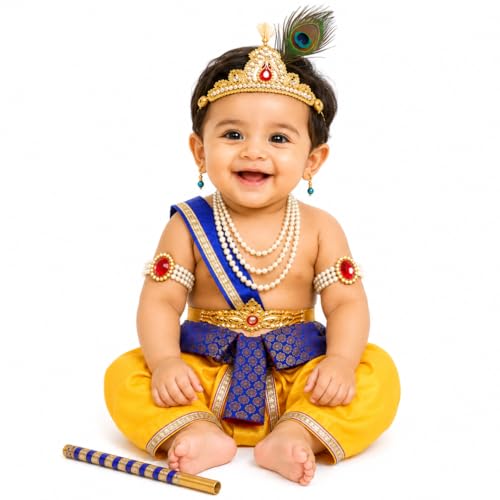 Image of ITSMYCOSTUME Krishna Dress for Baby Boy Kids Set of 10(Dhoti,Patka,Hip Cover,Mukut,Morpankh,Bansuri,Kamarband,Bajuband,Kundal) Little Krishna Ji Kanha Janmasthmi Costume for Kids