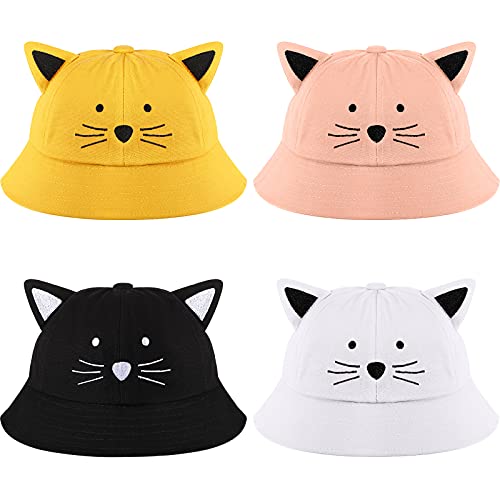 4 Pieces Cute Cat Bucket Hat Fisherman Cap Summer Beach Sun Protection Widen Brim Hat For Adults Kids (56-58 Cm) #TOP1