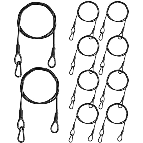 10-Pack Safety Security Cables for DJ Stage Lighting, 2ft Stainless Steel Cable with 5/32" Diameter, Black Ropes with Loops and Carabiner for Safe Attachment