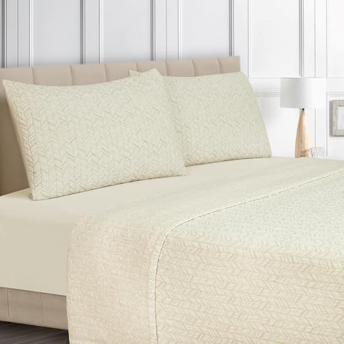 Image of ROYALE LINENS Full /Queen Size 3 pc Quilt Set - Lightweight 100% Microfiber Quilted Set - Bedspread - Quilted Blanket Thin Comforter -Bedding Coverlets for All Seasons (Natural, 1 Quilt - 2 Sham)