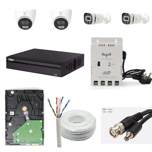 Image of JK Vision 2.4MP ColorVu CCTV Camera System for Home, Office, School (2 Bullet, 2 Dome, 500 GB Hard Disk, 4 Channel Power Supply, DVR, 90Mtr Cable, BNC /DC)