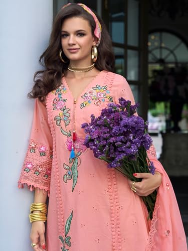 Image of INDO ERA Women's Straight Pure Cotton Floral Embroidered Kurta & Pant with Dupatta Set (IEOUT11423)