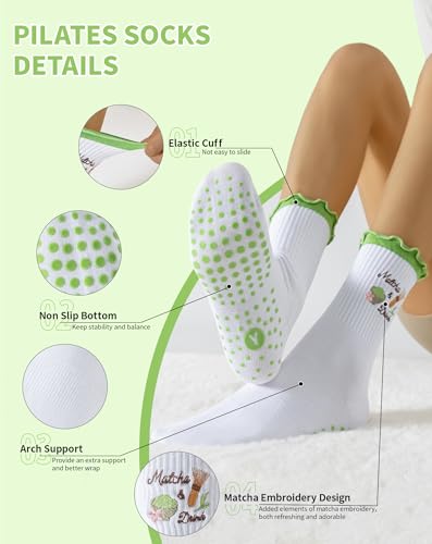 Image of Yawlsow Cute Pilates Grip Socks for Women Ruffle Frilly Yoga Socks Non Slip Cotton Crew Grippy Sock for Barre Workout