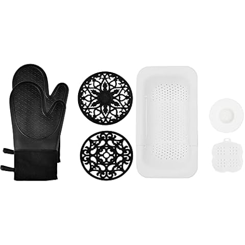 Domonic Home Oven Mitts and Pot Holders Sets,Over The Sink Colander, Black+White Cover