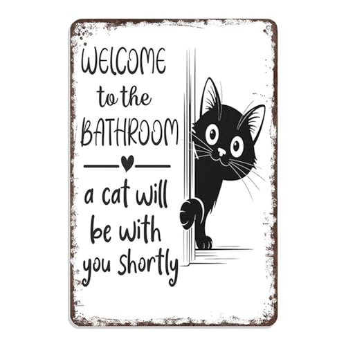 FrostyFlair Plaque Métal Chat Salle de Bain, 20x30cm Plaque en Métal pour Salle de Bain, Bienvenue à la Salle de Bain avec Design de Chat, Décoration Humoristique pour Amateurs de Chats