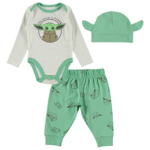 Image of STAR WARS Baby Yoda Boys' 3 Piece Long Sleeve Bodysuit Pull-on Pants and Accessory (Off-White/Green, 0-3 Months)