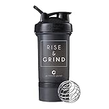 Rise & Grind on BlenderBottle Brand ProStak Shaker Cup, 22-oz. Protein Shaker Bottle with BlenderBall Whisk and 2 Twist n’ Lock Attachable containers (Black)