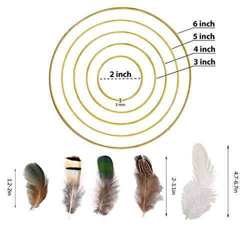 iDMRURvm Traumfänger Bastelset Traumfänger Bastelset mit 5 Stück Metall Traumfänger Kreis 10 Stück 3 mm Lederschnur 50 Stück Federn 60 Stück Gemischten Holzperlen für DIY Handwerk Traumfänger Stricken