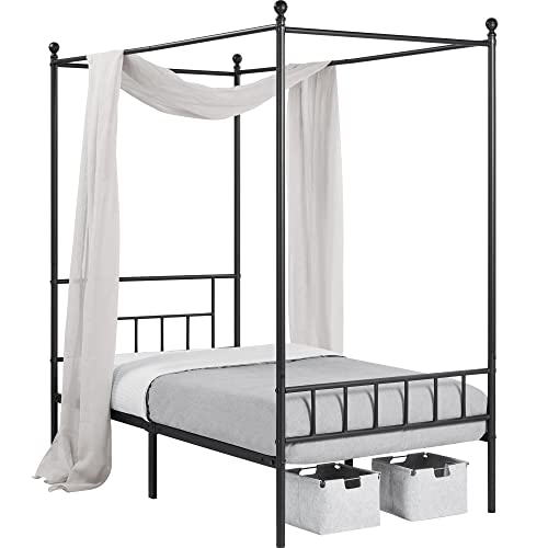 Topeakmart Black Four-Poster Canopy Metal Bed Frame With Headboard And Footboard Sturdy Slatted Structure No Box Spring Needed Twin Size #TOP2