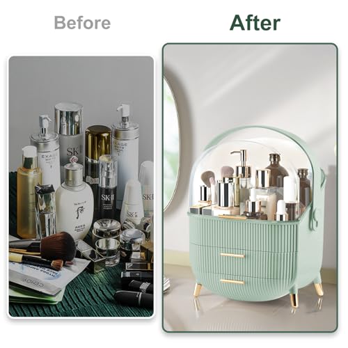 Image of Makeup Organizer for Vanity, Large Capacity Skincare Cosmetic Organizer Countertop with 2 Drawers, Cosmetic Display Cases Makeup Storage Box for Bedroom, Bathroom, Ideal Gifts for Women(Green)