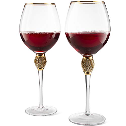 The Wine Savant Large Diamond Wine Glasses, Gold Rim Rhinestone Diamond Glasses - Wedding Glasses - 15 Ounce, Premium Designed Wine Glasses For Spirits And Wine, Gift Boxed (2, Clear) #TOP4
