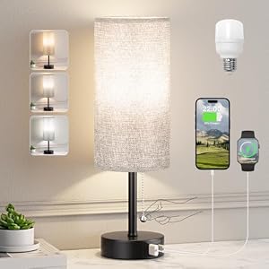 Grey Bedside Lamp for Bedroom Nightstand – Small Table Lamp with USB A + C Charging Port, 3 Color Temperatures Pull Chain Night Stand Light with Bulb, Side Table Desk Reading Lamp for Living Room/Dorm