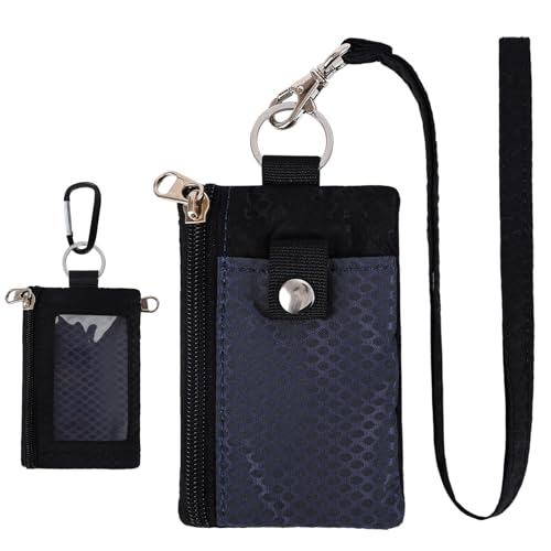 Image of MASAPHlL Small Lanyard Wallet for Women /Men with RFID Blocking ID Badge Holder, Minimalist Nylon Zipper Pouch, Travel Neck Wallet with Keychain, ID Window for Card,Coin,Cash (Dark Blue+Black)