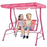 Maxmass 2 Seater Kids Swing Chair, Children Swing Seat with Adjustable Canopy, Safety Belts, Non-slip Foot Pads, Outdoor Toddler Swinging Bench for Patio Garden Porch Yard Park (Pink) - Image 1