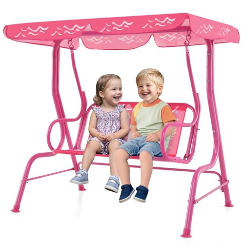 Maxmass 2 Seater Kids Swing Chair, Children Swing Seat with Adjustable Canopy, Safety Belts, Non-slip Foot Pads, Outdoor Toddler Swinging Bench for Patio Garden Porch Yard Park (Pink)