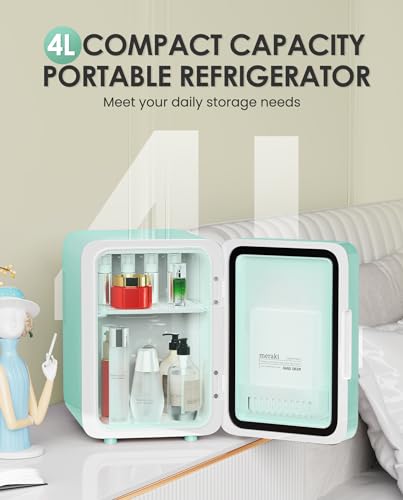 Image of CUTIEWORLD Skincare Fridge with Dimmable LED Light Mirror, 4L Mini Fridge For Desktop, Travel or Cool & Heat, Makeup Fridge for Cosmetics, Skin Care and Food, Green
