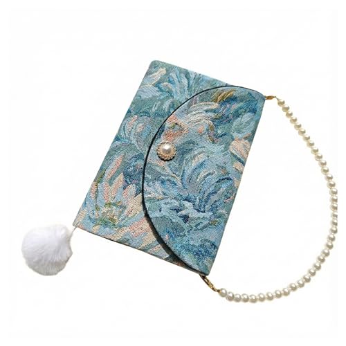 Book Sleeve A5 - Funda for libros de jacquard azul con cuaderno forrado, juego diario floral(A5 Tri-fold with Chain)