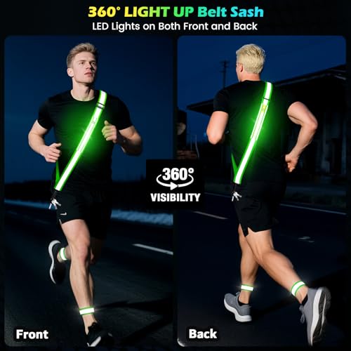Reflektierende LED-Laufausrüstung, hohe Sichtbarkeit, reflektierende Gürtelschärpe mit Armband für Spaziergänge bei Nacht, verstellbare Lauf-Sicherheitsausrüstung, beleuchteter Laufgürtel für Läufer