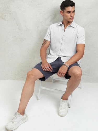 Image of Zombom Men's Poly Cotton Textured Short Sleeve Shirt | Slim Fit Casual Wear | Premium Stretch Fabric | Button Down Collar | Stylish Party Shirt for Men