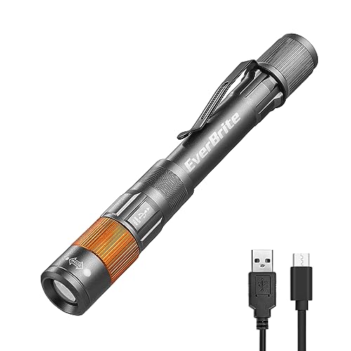 EverBrite Rechargeable Pen Light, 300 Lumens EDC Flashlight, Zoomable LED Pocket Flashlight with Clip, Memory Function and USB C Cable Included, for Camping, Emergency, Gray Gray Zoomable
