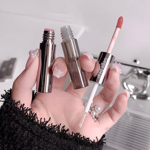 Image of Gege Bear Dual Lip Gloss | Matte & Mirror Glossy Double Headed Liquid Lipstick | Velvet Matte & High Shine | Nude Dream Red Wine Sakura Pink Brown | Moisturizing Lip Care Gloss | Korean Style Makeup Aesthetic | Best Hydrating Lipstick For Women (04#Panran, 2gX2)
