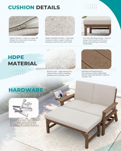 Image of SERWALL 2-in-1 Convertible Sofa Daybed with Cushions & Ottoman Table Set | HDPE 4-Position Reclining Outdoor Patio Lounge Chair, 4-in-1 Cup Holder Daybed Sofa Furniture, Brown Frame with Khaki Cushion