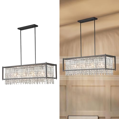 Image of LMQNINE Modern Rectangle Chandelier for Dining Room, Black Crystal Chandelier Linear Light Fixture, Farmhouse Chandeliers for Kitchen Island, Bar Table, L35.43'' x W11.81'' x H9.84''