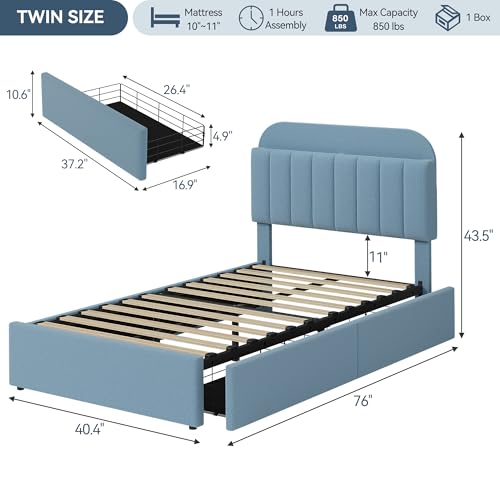 GarveeHome Twin Bed Frame with Storage Headboard, Kids Bed Frame with 2 Drawers, Boucle Upholstered Platform Bed with Bookcase, No Box Spring Needed, Easy Assembly, Blue