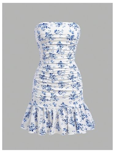 WDIRARA Girl's Floral Print Strapless Ruffle Hem Dress Ruched Sleeveless Tube Dresses3