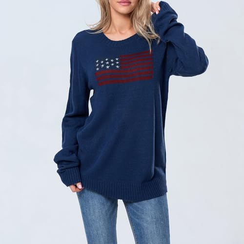 Image of Womens American Flag Sweater Long Sleeve Crew Neck Star Graphic Knit Pullover Tops Casual Loose USA Sweater