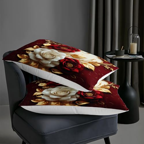 Image of AILONEN Rose Flower Comforter Queen Size with 2 Pillowcases,Luxury Red and White Bedding Set 3Pcs for All Season,Floral Romantic Theme Quilt Set for Home Decor