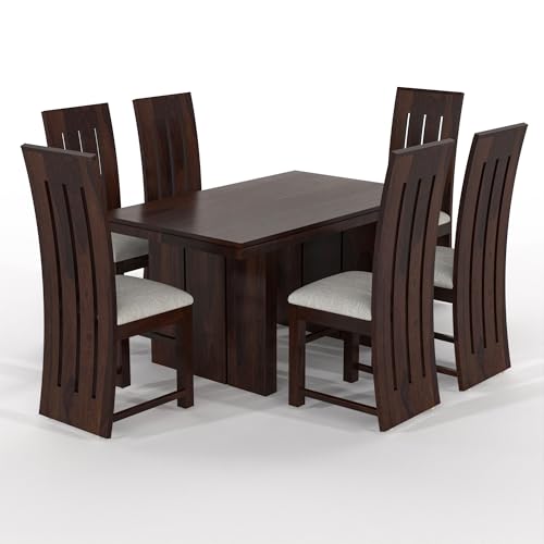Image of Solid Sheesham Wood 6 Seater Dining Table Set with Cushioned Chairs for Dining Room | Living Room | Home & Office | Hotels Restaurant & Cafe (6 Seater, Walnut H)
