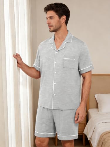 Image of Mens 2 Piece Short Sleeve Button Down Pajama Set, S-3XL | Soft Modal Fabric, Cool Lightweight Sleepwear & Loungewear with Pockets, Home Relaxing