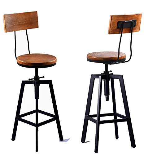 Diwhy Industrial Bar Stool Wood Metal Bar Stool,Adjustable Height Swivel Counter Height Bar Chair with Backrest,Black,Fully Welded Set of 2 (Brown Wooden Top with Wooden Backrest)