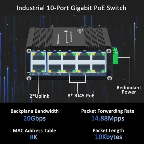 Image of Industrial 10-Port Gigabit PoE Switch, 12-48V DC Input with Built-in Voltage Booster, 8-Port 802.3at 30W + 2 Uplink, Up to 240W PoE Budget, DIN-Rail Mountable