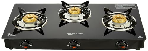 Image of Amazon Basics 3 Burner LPG Gas Stove with Toughened Glass-top | ISI APPROVED | Tri-pin Brass Burners with spill-proof and easy-clean design | Anti-skid legs (Black)