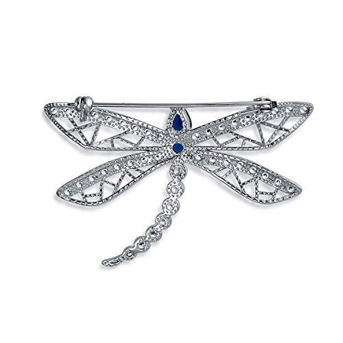 Image of Bling Jewelry Silver Plated Vintage Style Simulated Sapphire Blue Cubic Zirconia CZ Filigree Brooch Scarf Pin for Women Statement Butterfly Dragonfly Firefly Design