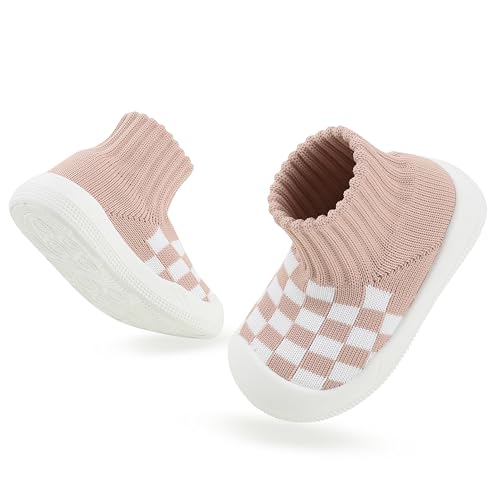 Rayayot Walking Shoes for Babies 15-18 Months Toddler Sock Shoes Unisex Fashion Cute Pink Plaid Baby Boy Sneakers