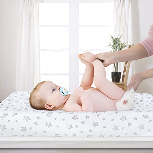 Waterproof Changing Pad Cover 2 Pack, 100% Organic Cotton Change Table Cover Sheets, Ultra Soft, Unisex White Grey Star Print #TOP4