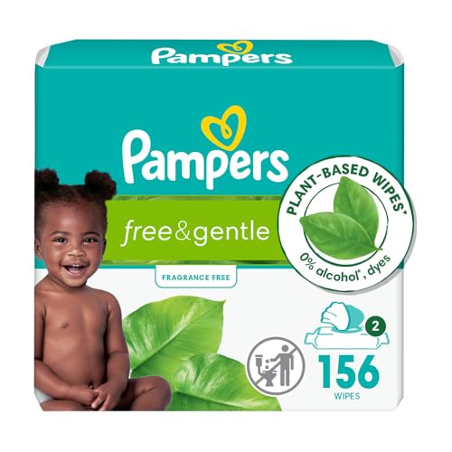 Pampers Baby Wipes, Free & Gentle, Hypoallergenic and Unscented Wipe, 100% Plant Based, Plastic-Free for Babies, 156 Total (2 Flip-Top Packs)