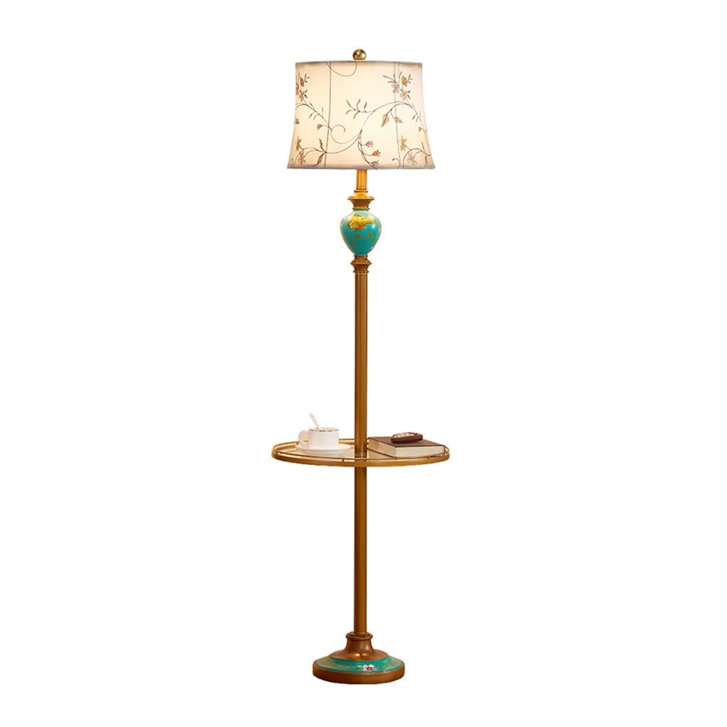 CVdrtyED Standing Lamp American Retro Floor Lamp with Shelves Fabric Lampshade Light Living Room Bedroom Bedside Iron Resin Standing Bedroom Living Room