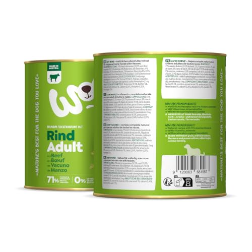 WOW Dog Hunde-Nassfutter mit Rind | Enthält Vitamine und Mineralien, ohne Getreide und Zucker | 800 g / 12er Pack