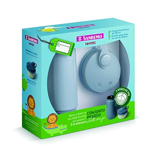 Conjunto Composto de Garrafa Térmica de 250 ml e Pote Plástico com Divisória para Leite em Pó de 280ml, Cor Azul, Linha Termic, Sanremo.