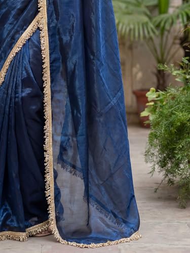 Image of AKHILAM Women's Shimmer Net Solid Saree With Unstitched Blouse Piece