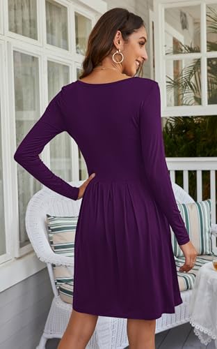 Auselily Women's Long Sleeve Pleated Loose Swing Casual Dress With Pockets Knee Length Purple M - 5