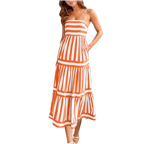 Vestidos femininos sem mangas com caimento solto, gola quadrada, listrado, longo, verão, outono 2025