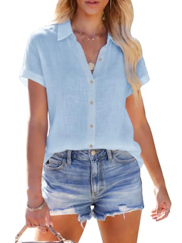 Linen Shirts for Women Short Sleeve Button Down Shirts Casual Solid Blouse Vacation Beach Summer Tops Concert Outfit - Blue M